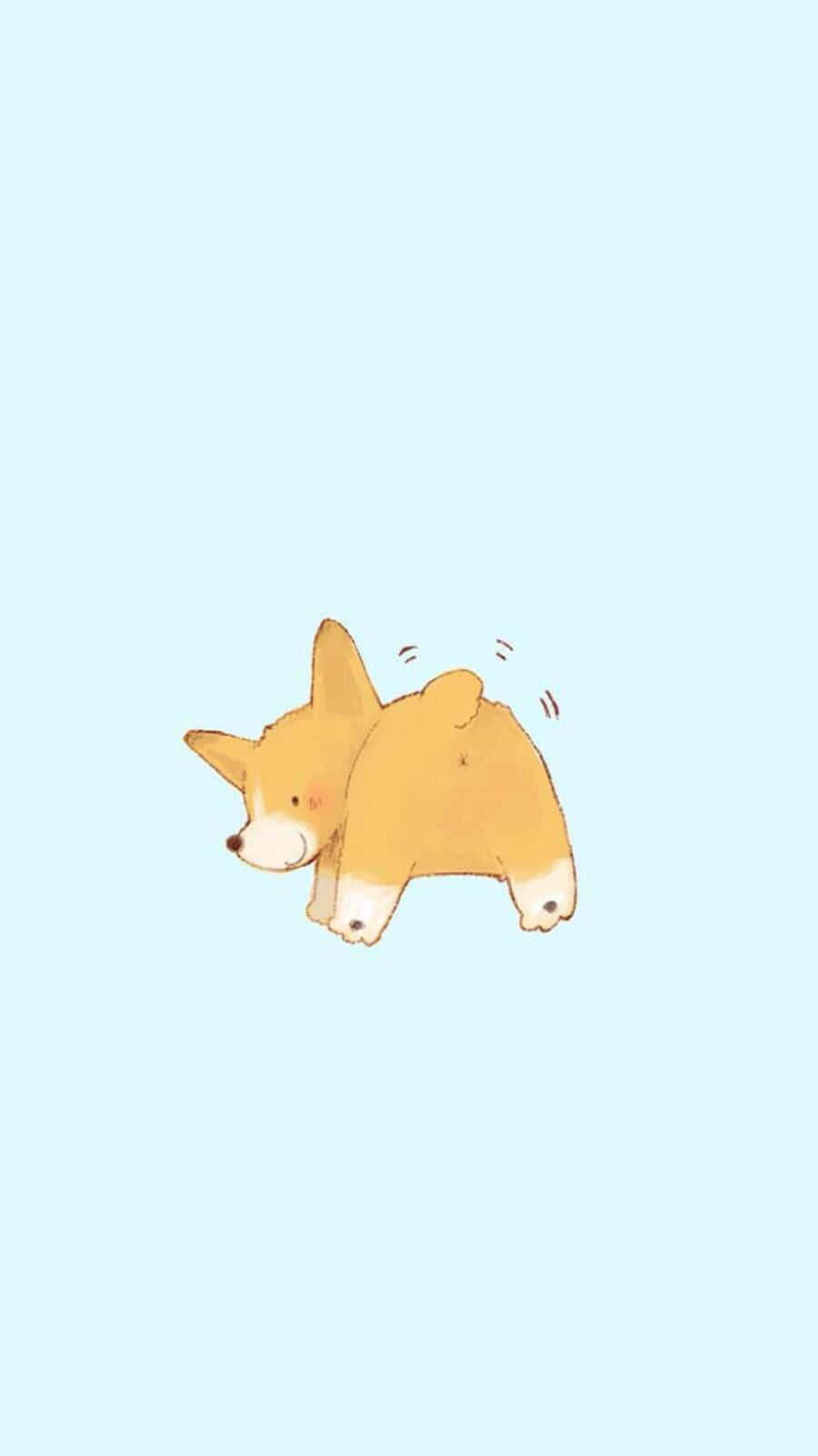 Kawaii Dog 桌布 壁紙 — 一隻可愛的卡通柯基，有著蓬鬆的橙色毛髮和白色腳掌，站在柔和的淺藍色背景前。