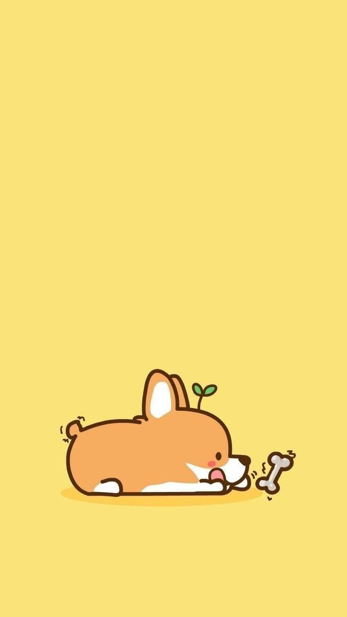 Corgi 桌布 壁紙 — 一隻可愛的卡通柯基在黃色背景上安詳地睡覺，頭上長出一個小芽，旁邊有一根骨頭。