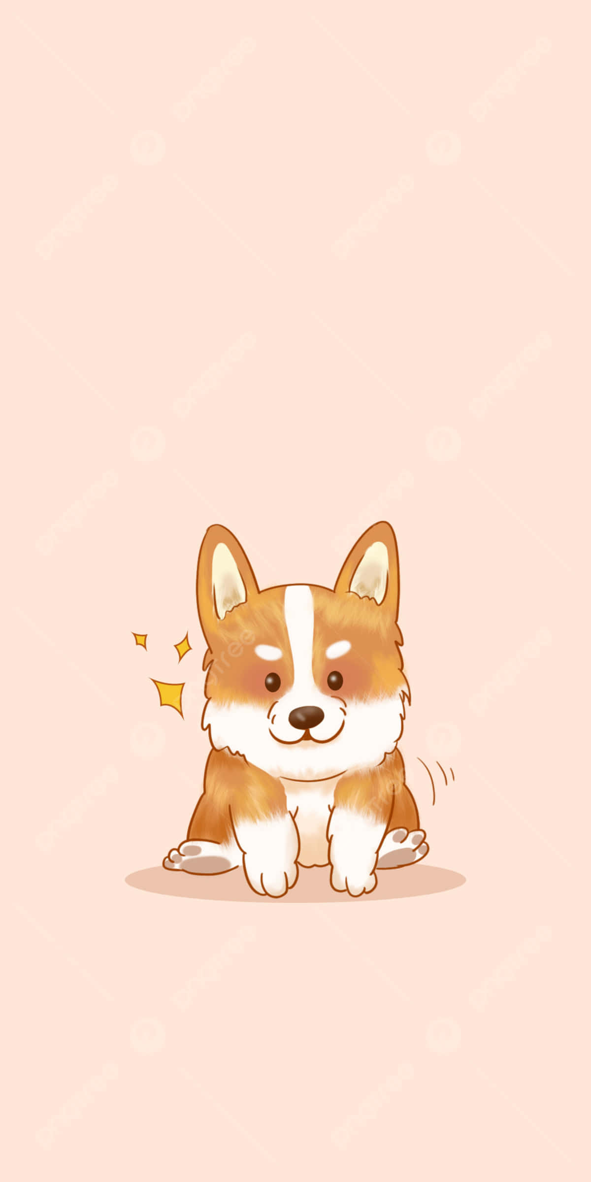 Cute Cartoon Dog 桌布 壁紙 — 一隻可愛的卡通柯基幼犬，有棕色和白色的毛髮，快樂地坐在帶有閃粉的柔軟粉紅色背景上。