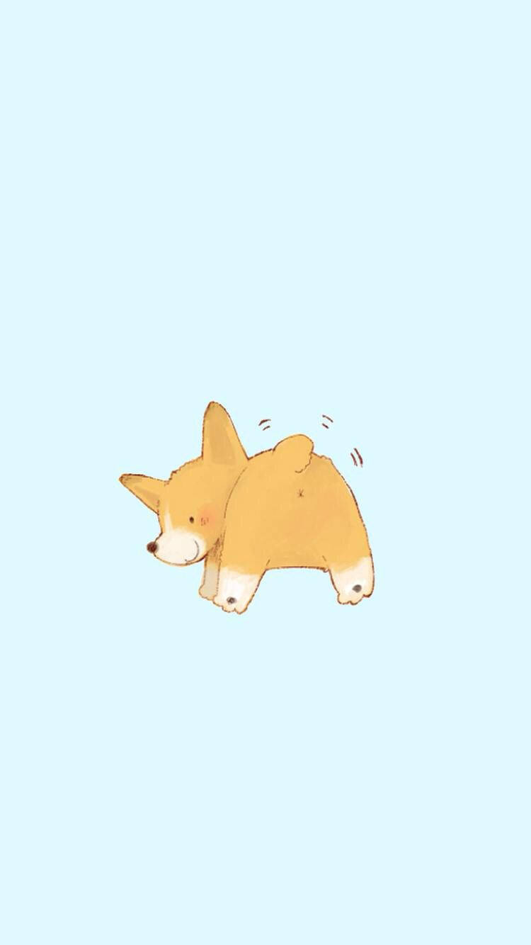 butt shaking 桌布 壁紙 — 一隻可愛的卡通柯基犬，擁有蓬鬆的棕褐色毛髮和白色爪子，站在柔和的淺藍色背景前。