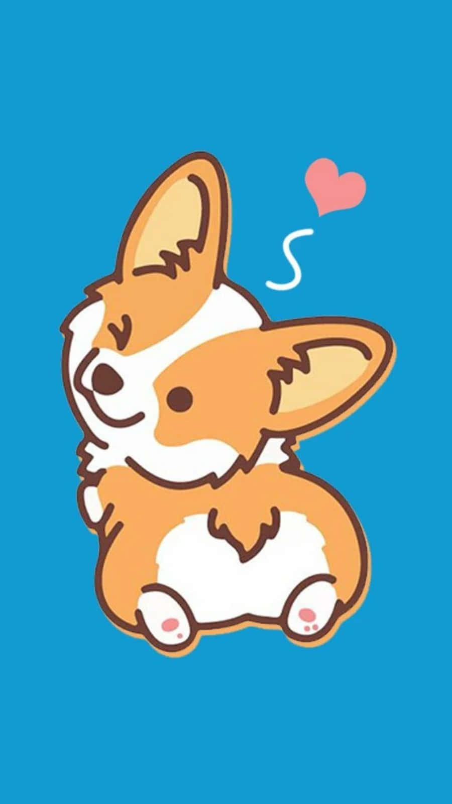 動漫狗 桌布 壁紙 — 一隻可愛的卡通柯基犬，有大耳朵和一個粉紅色的心形漂浮在頭頂上方，背景是純藍色。