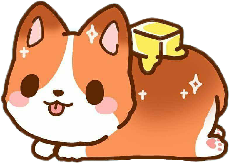 Shiba 桌布 壁紙 — 一隻可愛的卡通柯基犬，背上有一塊奶油，伸出舌頭，看起來很開心，周圍有閃閃發光的效果。