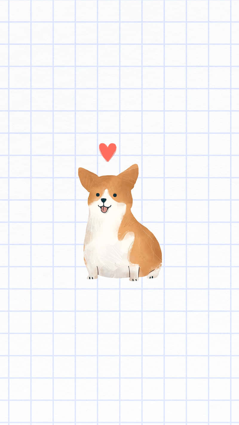 動物 桌布 壁紙 — 一隻可愛的卡通柯基犬，頭頂有一個紅色愛心，坐在淺藍色方格紙上。