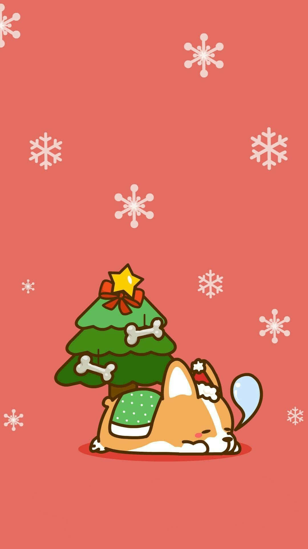 Cute Cartoon 桌布 壁紙 — 一隻可愛的卡通柯基犬在珊瑚色背景上，旁邊有一棵裝飾著骨頭和星星的小聖誕樹，雪花飄落，牠正安詳地睡覺。