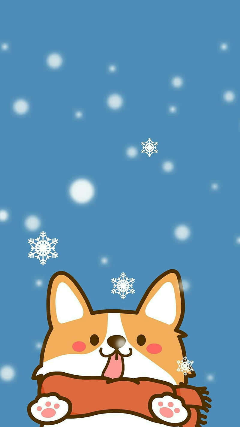動物 桌布 壁紙 — 一隻可愛的卡通柯基犬戴著圍巾，在藍天下雪花飄落中微笑。