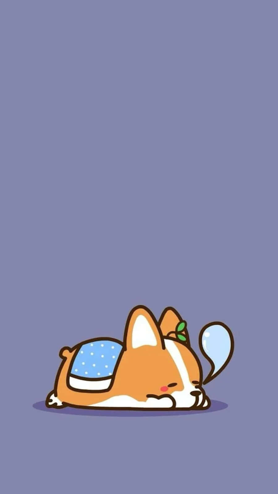 Kawaii Dog 桌布 壁紙 — 一隻可愛的卡通柯基犬戴著藍色圓點帽，在純紫色背景上安詳地睡覺。