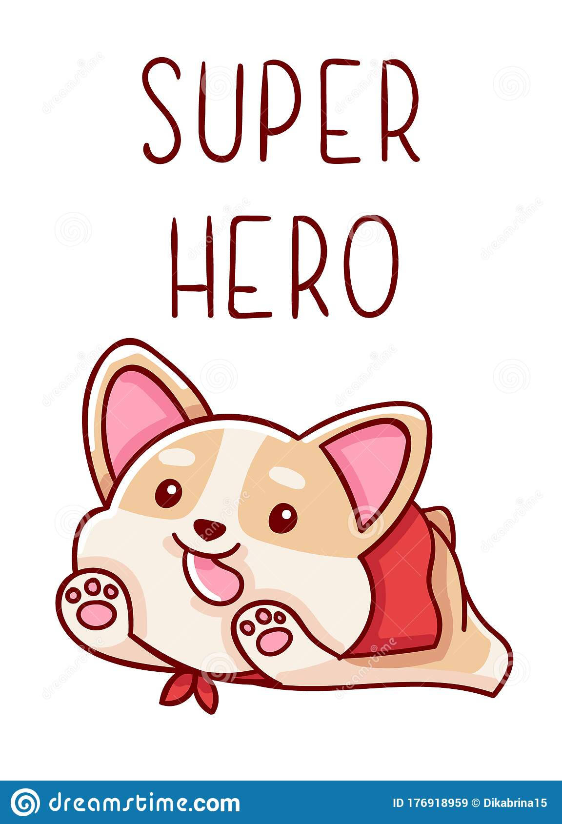 super cute kawaii 桌布 壁紙 — 一隻可愛的卡通柯基犬穿著紅色超級英雄披風，伸出舌頭微笑，上方有「SUPER HERO」文字。