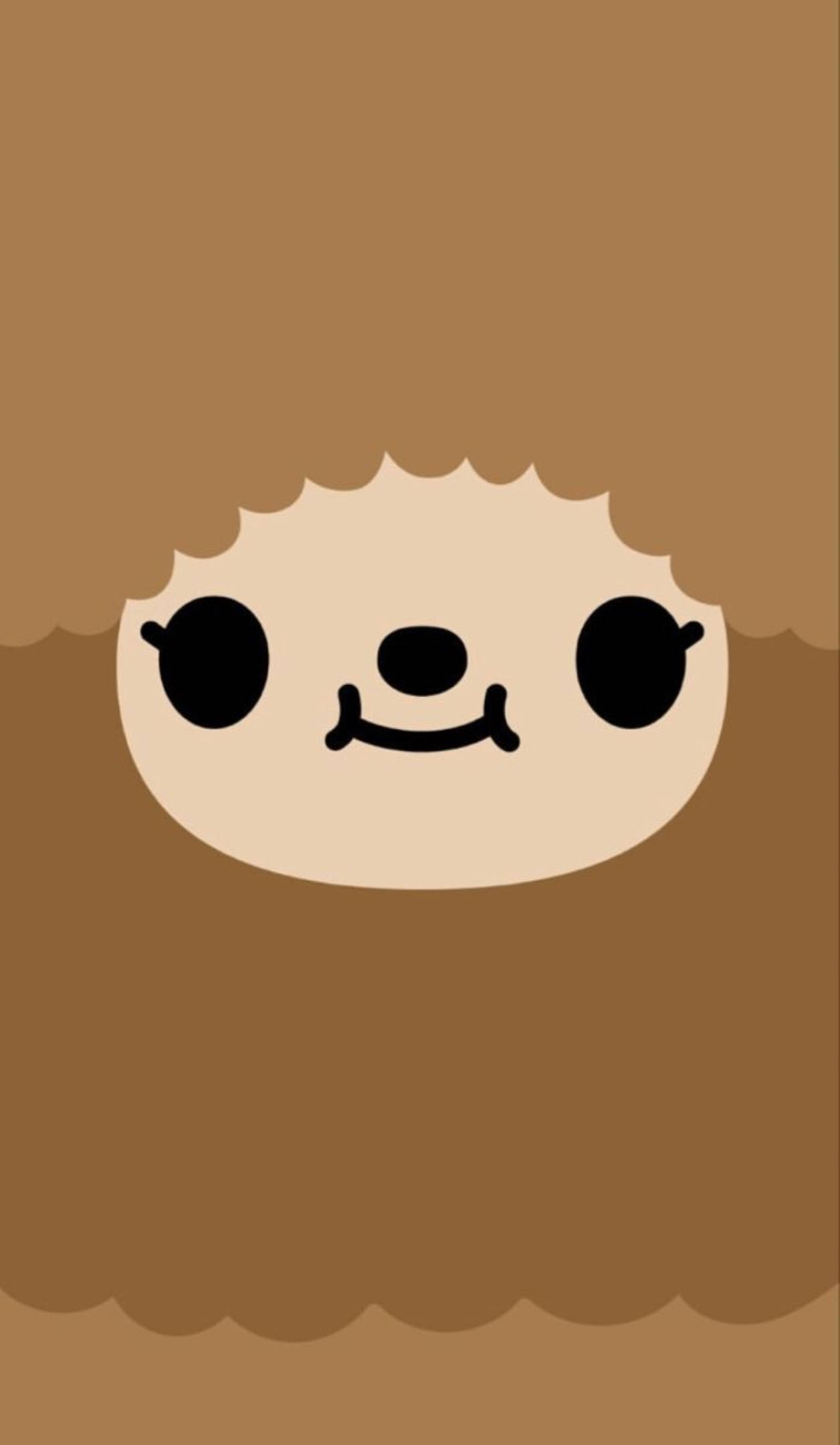 Toca 桌布 壁紙 — 一隻可愛的卡通樹懶，有大大的黑色眼睛和簡單的微笑，從蓬鬆的棕色毛髮中探出頭來。