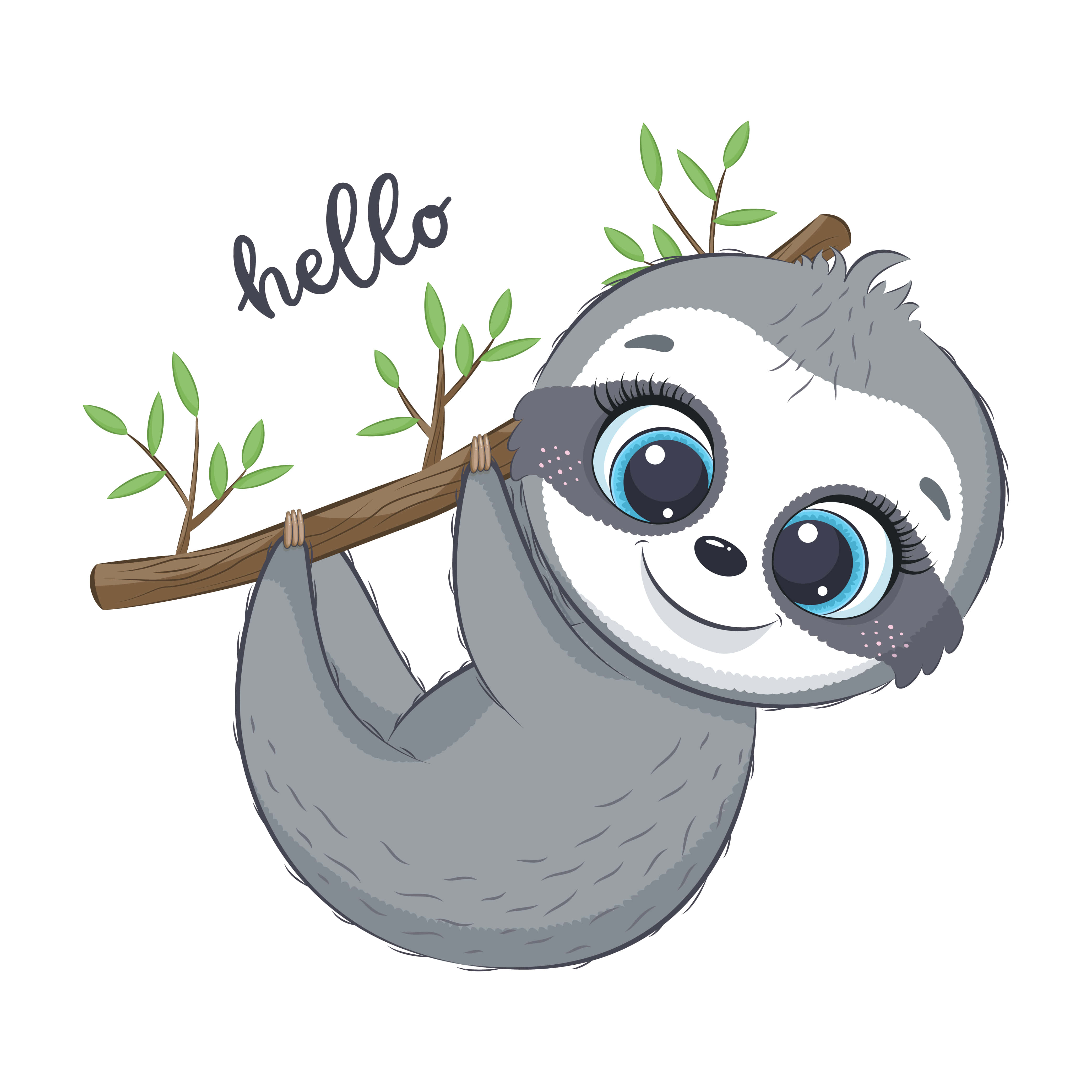 Kawaii Sloth 桌布 壁紙 — 一隻可愛的卡通樹懶，有大藍色眼睛，掛在帶有綠色樹葉和手寫 hello 的樹枝上。