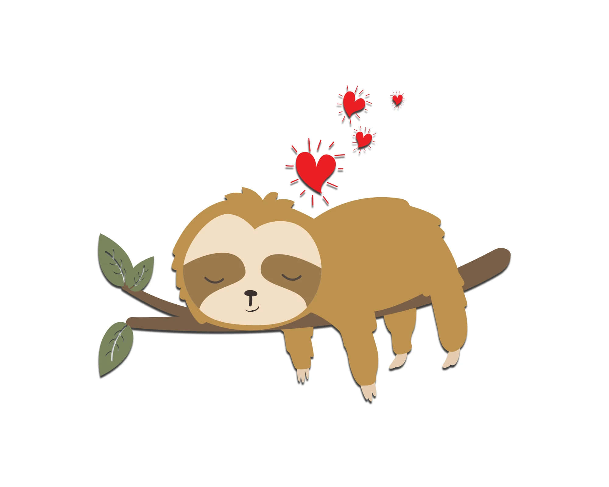 Kawaii Sloth 桌布 壁紙 — 一隻可愛的卡通樹懶在樹枝上安詳地睡覺，頭頂上漂浮著紅色愛心。