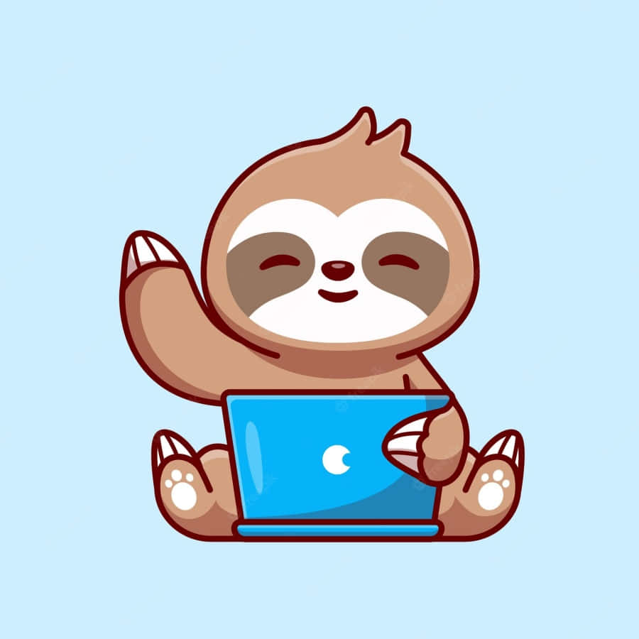 動物 桌布 壁紙 — 一隻可愛的卡通樹懶在淺藍色背景上開心地揮手，同時使用藍色筆記型電腦。