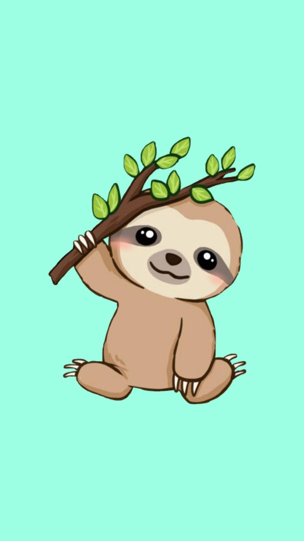 小樹懶 桌布 壁紙 — 一隻可愛的卡通樹懶在薄荷綠背景上將樹枝舉過頭頂。