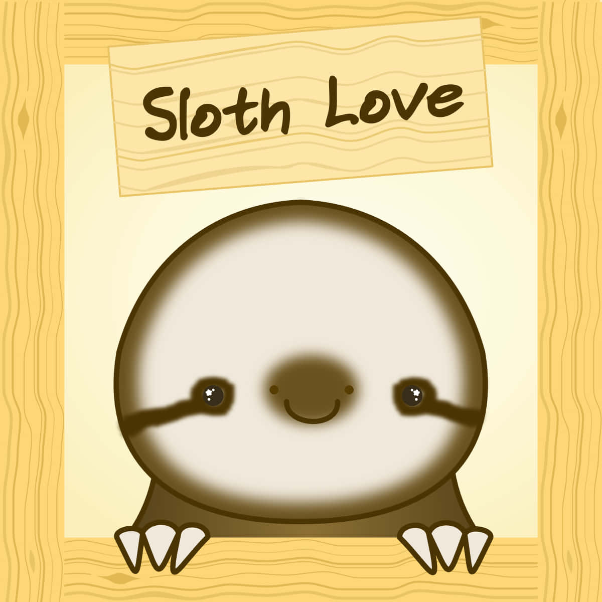 小樹懶 桌布 壁紙 — 一隻可愛的卡通樹懶帶著微笑的臉，在寫著 Sloth Love 的牌子下方的木框上方探出頭來。