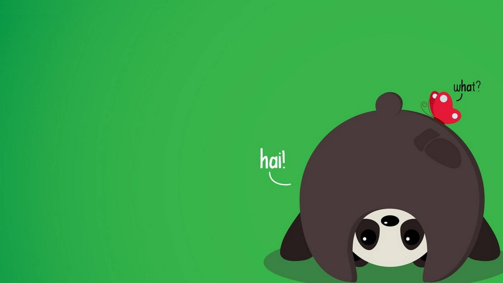 Cute Minimalist 桌布 壁紙 — 一隻可愛的卡通樹懶從綠色背景後面探出頭來，有一隻紅色蝴蝶和對話框說「嗨」和「什麼？」