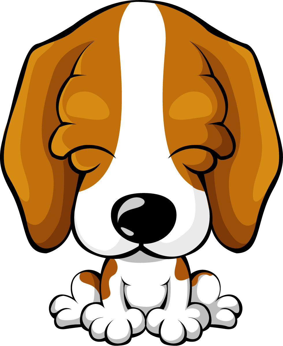 狗 桌布 壁紙 — 一隻可愛的卡通比格犬幼犬，有著下垂的棕色耳朵和白色條紋，坐著並睜著大大的、富有表情的眼睛。