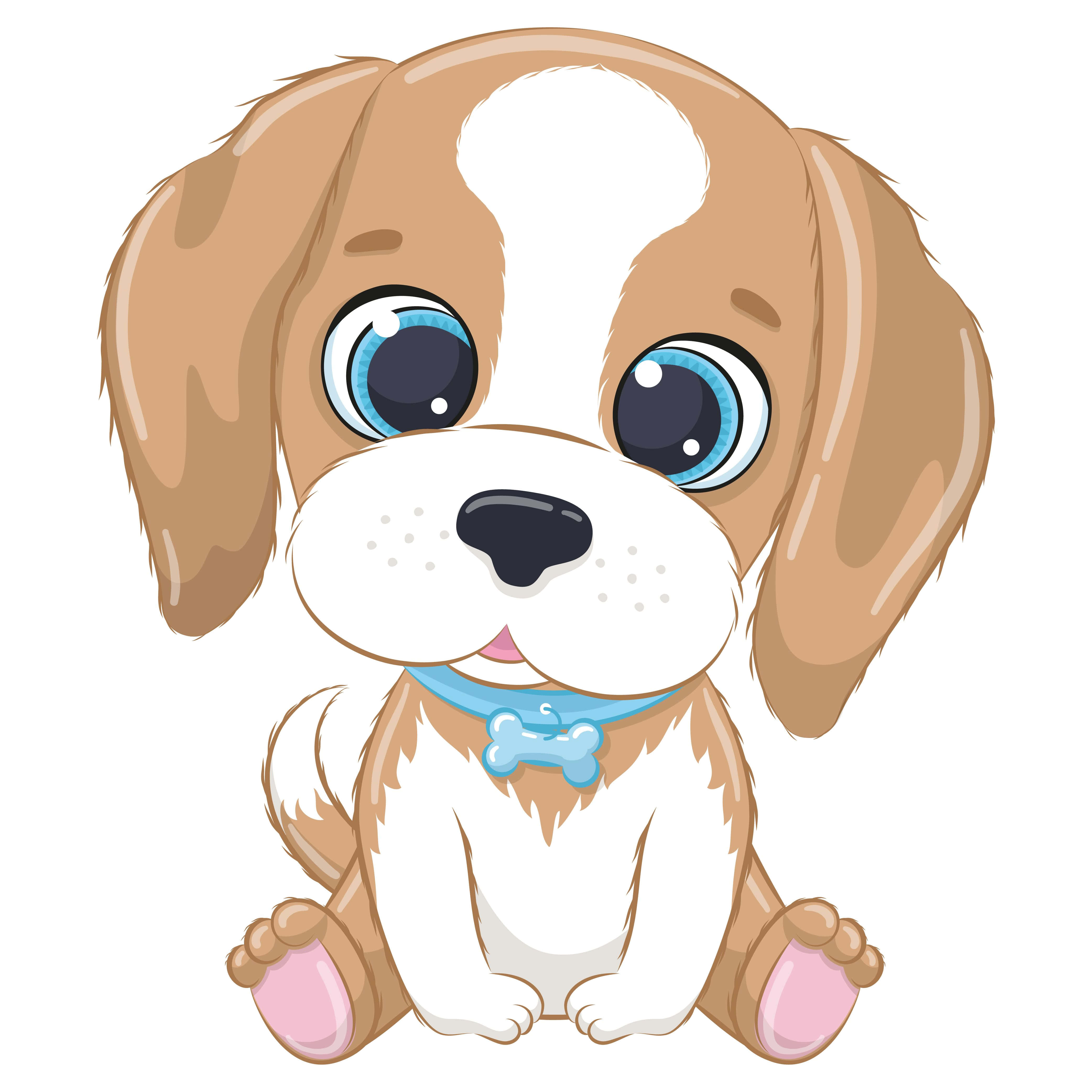剪貼畫 桌布 壁紙 — 一隻可愛的卡通比格犬幼犬，有著大大的藍色眼睛和骨頭形狀的項圈，開心地坐在白色背景前。