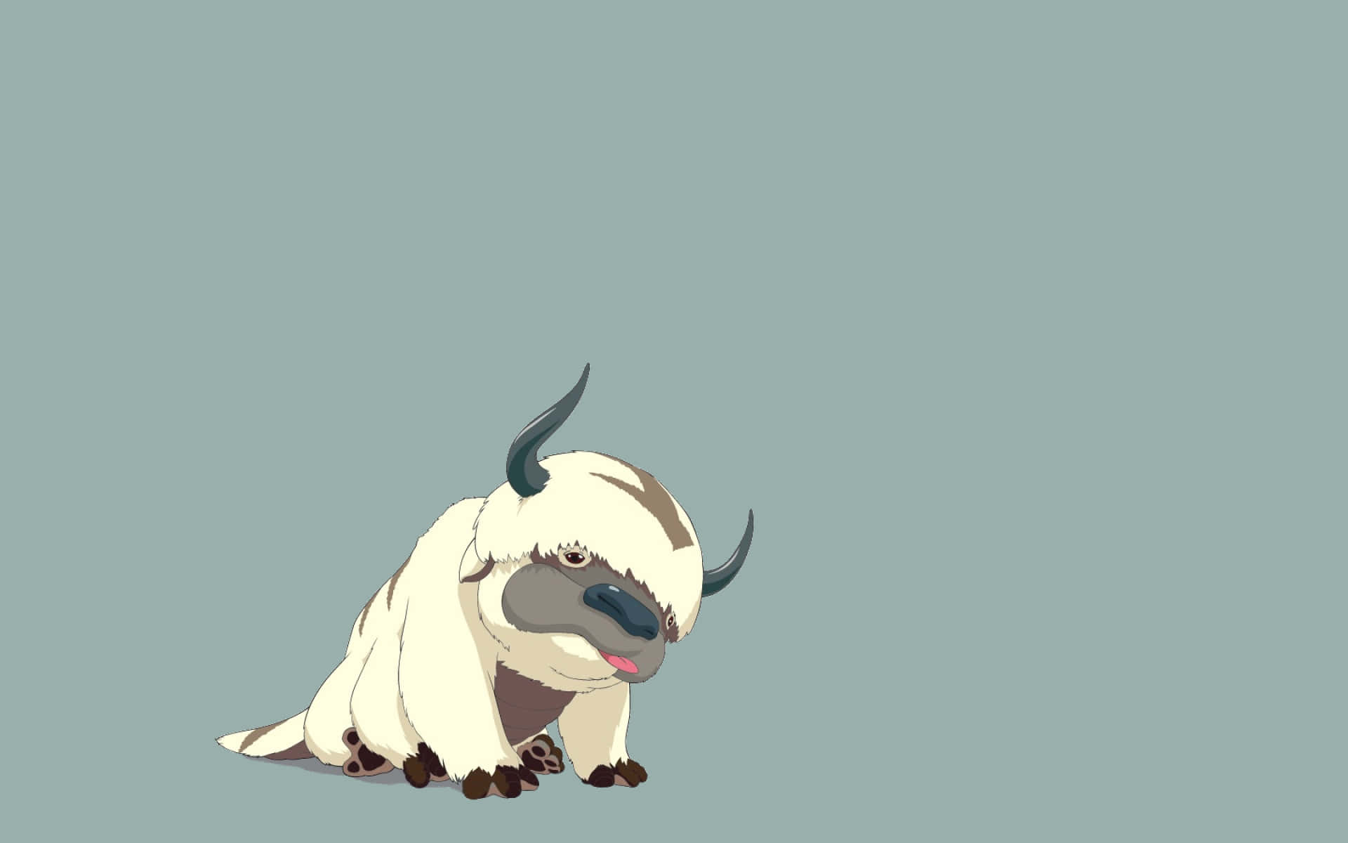 Appa Avatar 桌布 壁紙 — 一隻可愛的卡通氂牛，有彎曲的角和粉紅色的舌頭，在純青色背景上伸出。