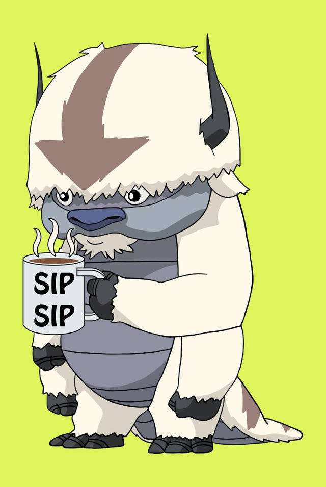 Appa 桌布 壁紙 — 一隻可愛的卡通氂牛，頭上有一個棕色箭頭，在明亮的萊姆綠背景前，從一個標有SIP SIP的杯子裡啜飲。