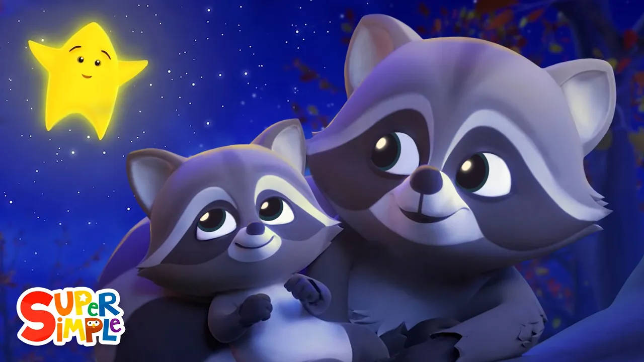 星星動圖 桌布 壁紙 — 一隻可愛的卡通浣熊和浣熊寶寶在深藍色夜空中的微笑黃色星星下依偎。