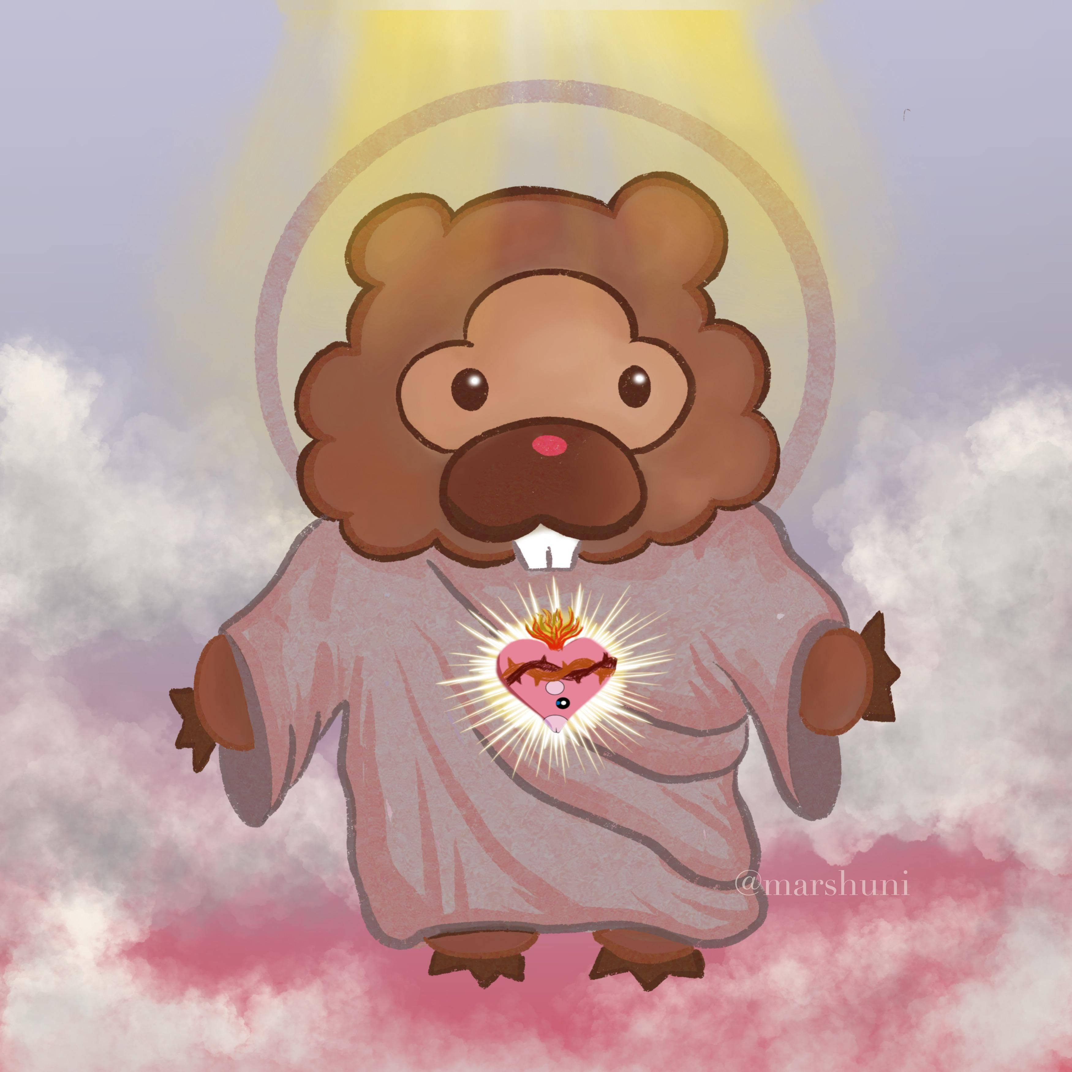 寶可夢 桌布 壁紙 — 一隻可愛的卡通海狸帶著光環和發光的聖心，在粉紅色和灰色的雲中寧靜地漂浮。