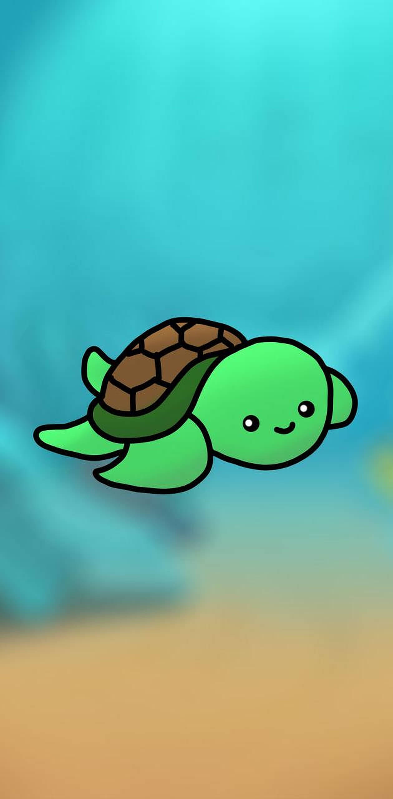 Turtle 桌布 壁紙 — 一隻可愛的卡通海龜，綠色身體和棕色龜殼，在藍綠色的海水中快樂地游泳。