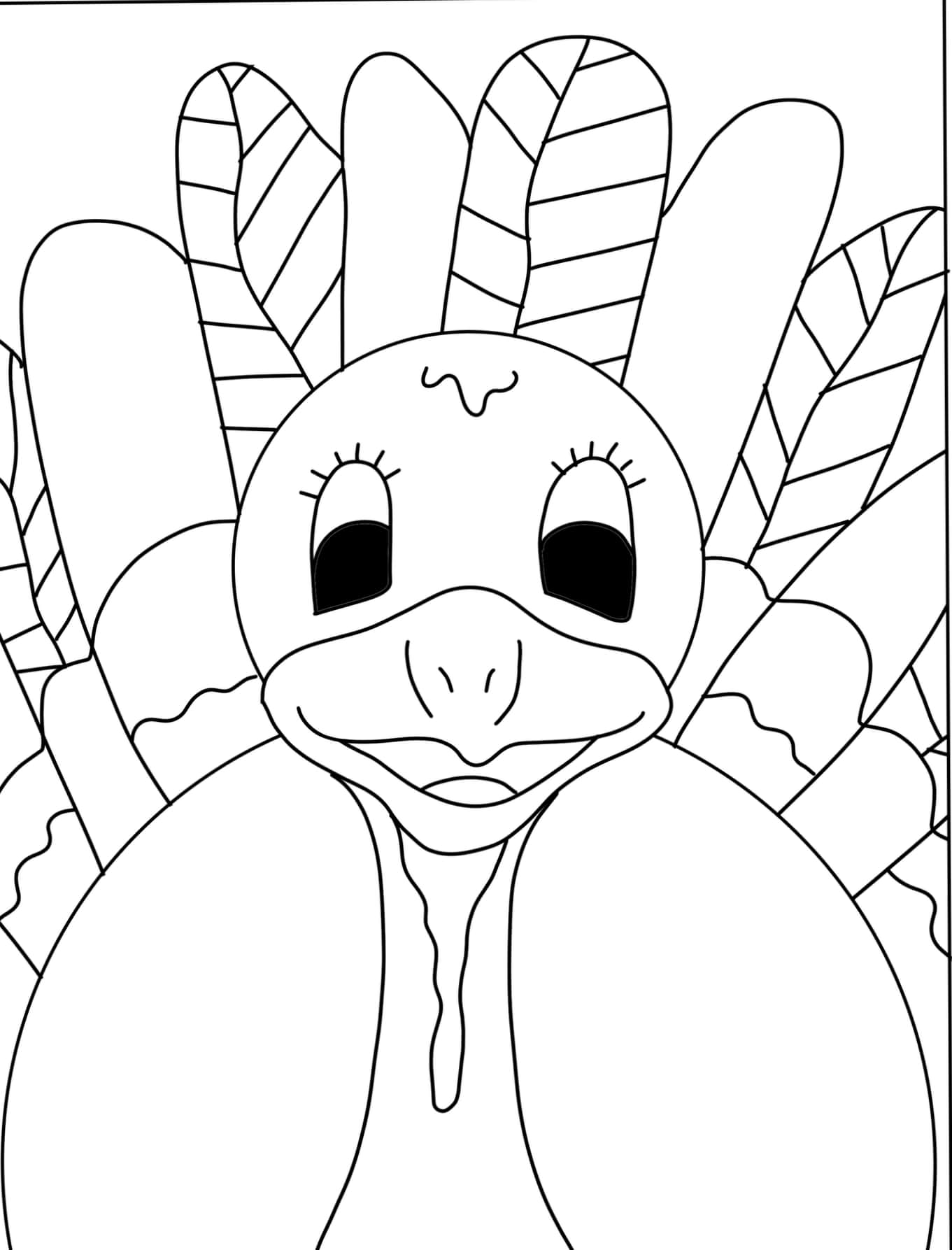 Thanksgiving Coloring 桌布 壁紙 — 一隻可愛的卡通火雞，有著糖果棒羽毛，在黑白色的填色頁風格中愉快地微笑。