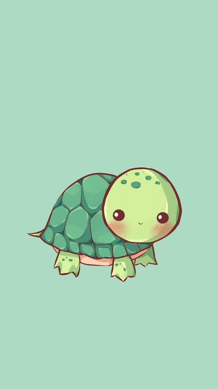 Cartoon Turtle 桌布 壁紙 — 一隻可愛的卡通烏龜，擁有綠色龜殼和玫瑰色臉頰，在柔和的薄荷色背景上溫柔微笑。