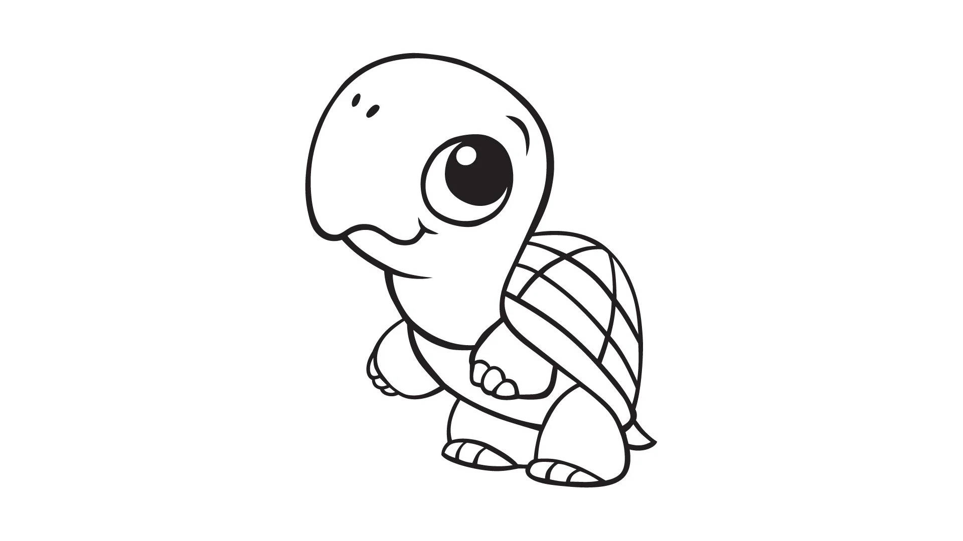 Cartoon Turtle 桌布 壁紙 — 一隻可愛的卡通烏龜，有大眼睛和條紋殼，獨自站在純白色背景上。