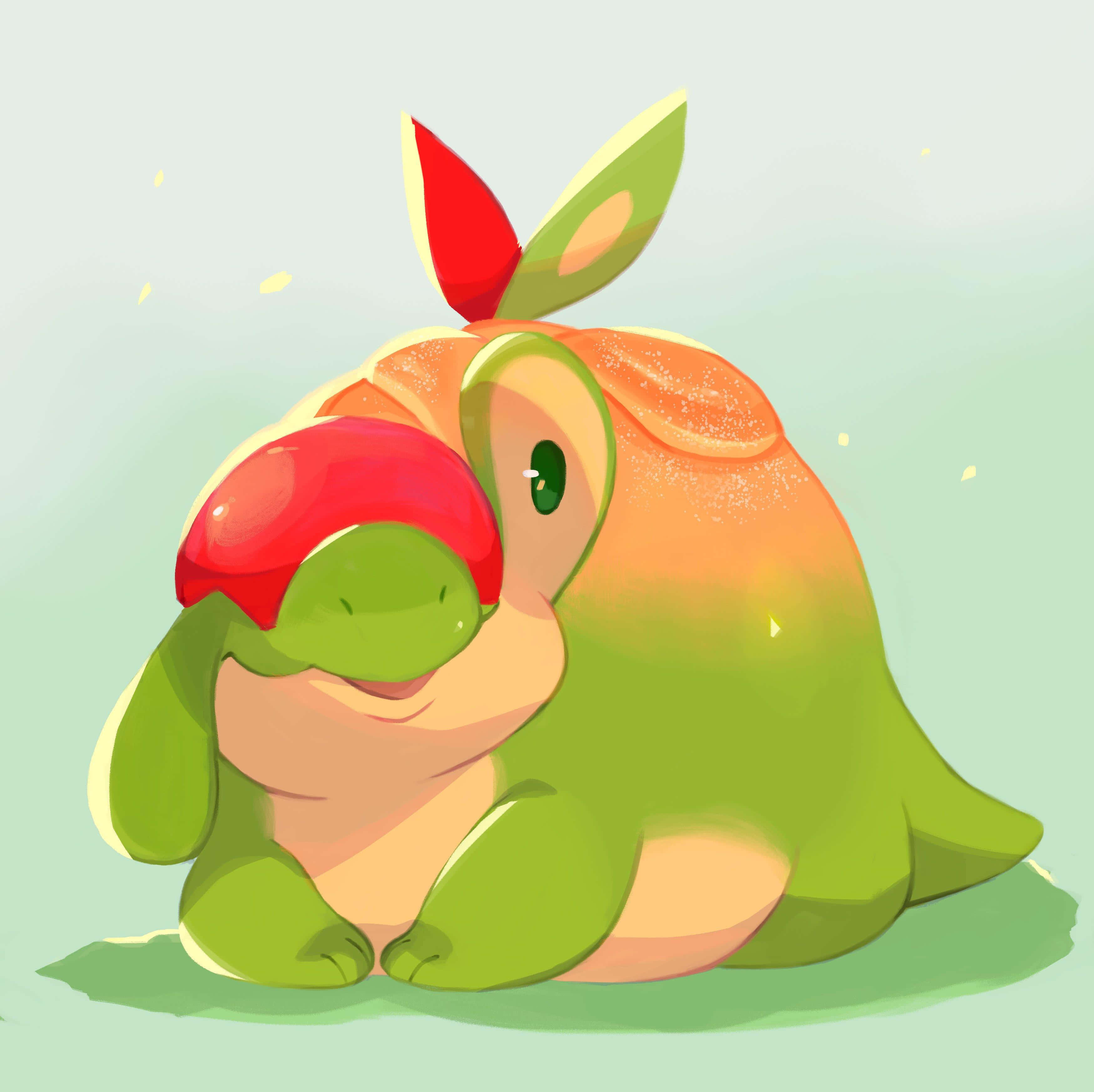Cute Cartoon Animal 桌布 壁紙 — 一隻可愛的卡通烏龜，有著紅色龜殼和葉子耳朵，快樂地坐在柔軟的綠色背景上。