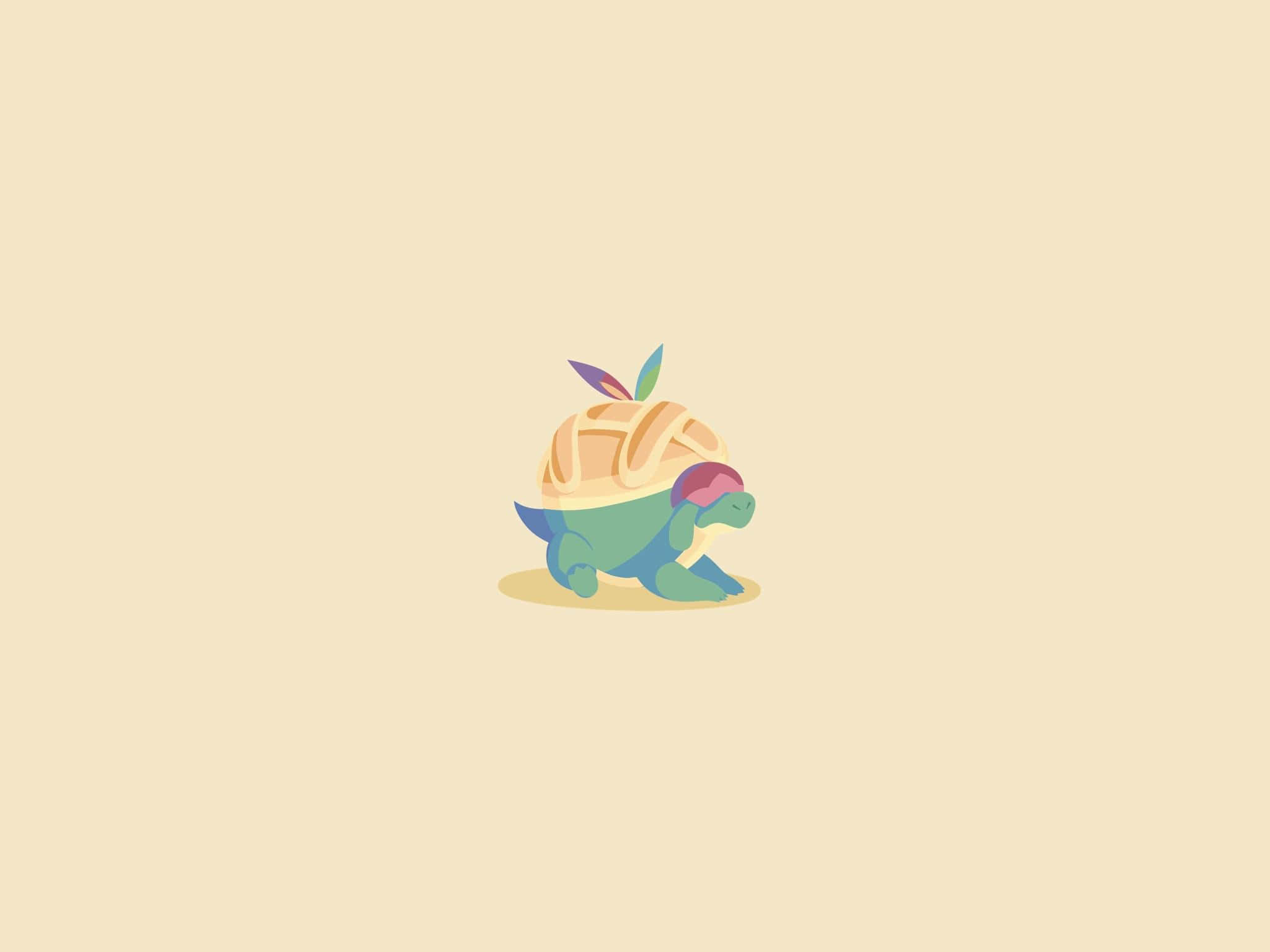 Minimalist Aesthetic Desktop 桌布 壁紙 — 一隻可愛的卡通烏龜，背著餡餅殼，上面有一片葉子，在米色背景上行走。