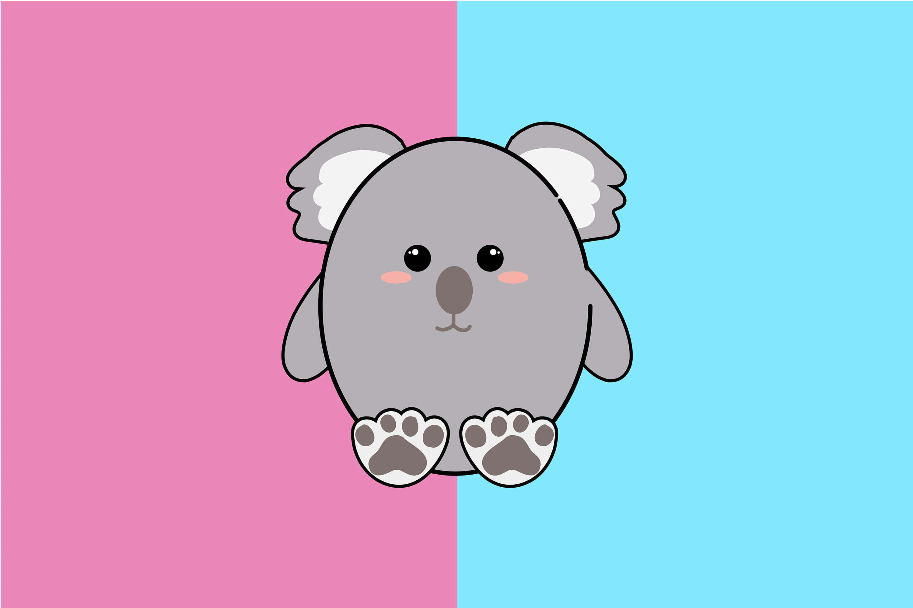 Koala 桌布 壁紙 — 一隻可愛的卡通無尾熊，大眼睛，坐在粉紅色和藍色分割的背景中央。