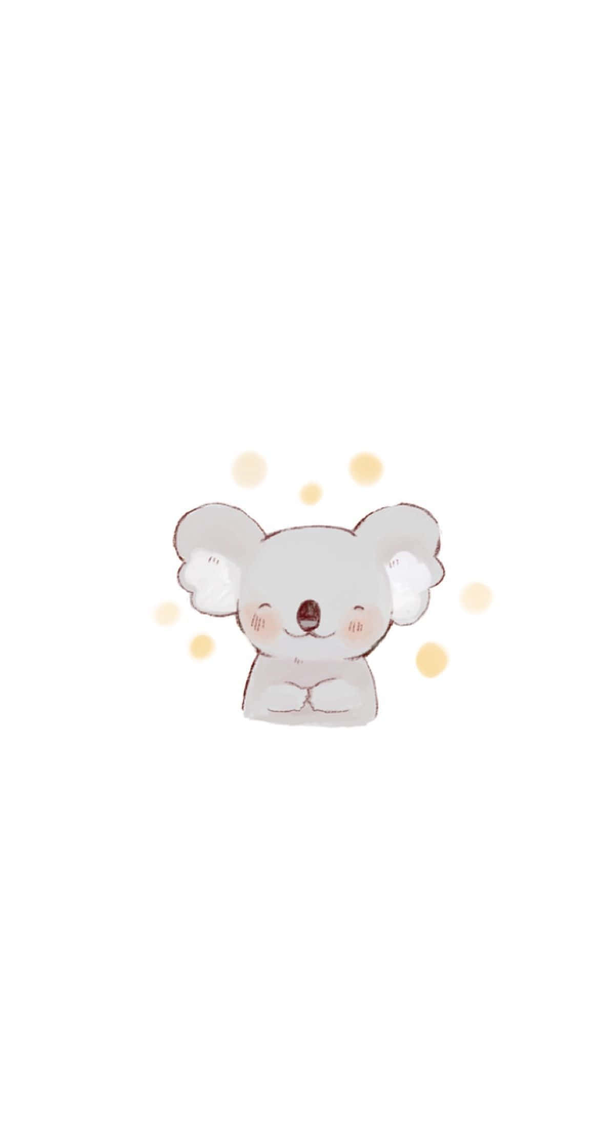 Cute White 桌布 壁紙 — 一隻可愛的卡通無尾熊，閉著眼睛，臉頰泛紅，被柔和的黃色閃光包圍在白色背景上。