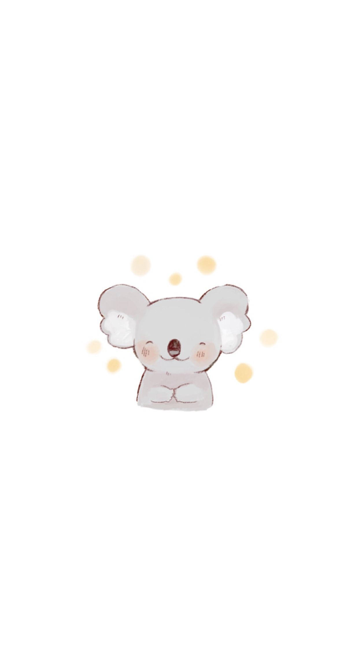 Koala 桌布 壁紙 — 一隻可愛的卡通無尾熊，閉著眼睛，臉頰泛紅，被柔和的黃色閃光包圍在白色背景上。