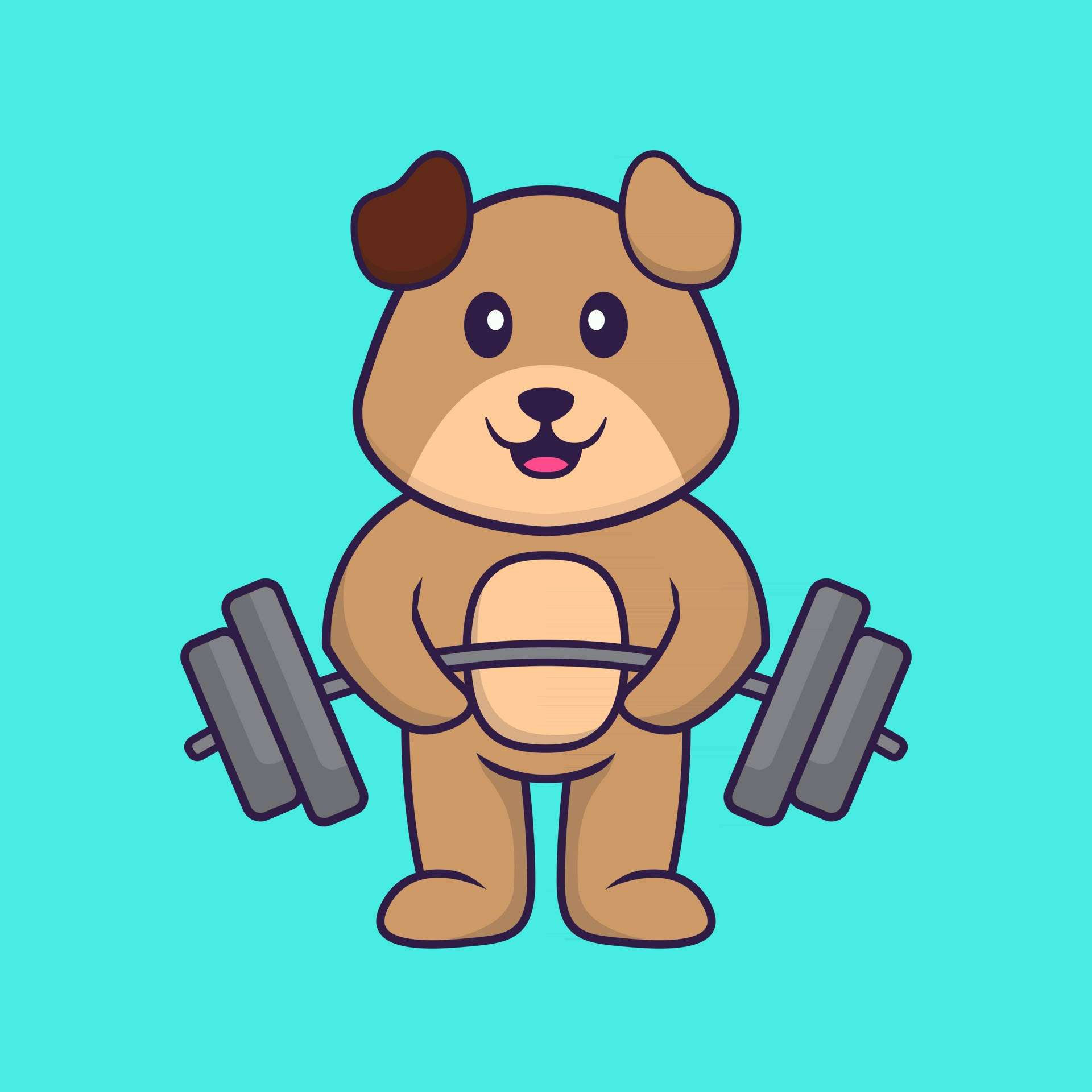 Barbell 桌布 壁紙 — 一隻可愛的卡通熊，有一隻棕色的耳朵，微笑著在青綠色背景上拿著灰色槓鈴。