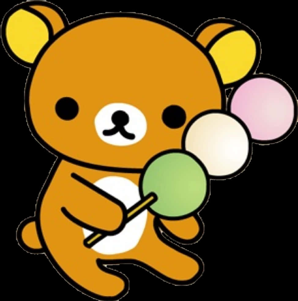 懶懶熊 桌布 壁紙 — 一隻可愛的卡通熊，黃色耳朵，在黑色背景上拿著彩色棒棒糖。