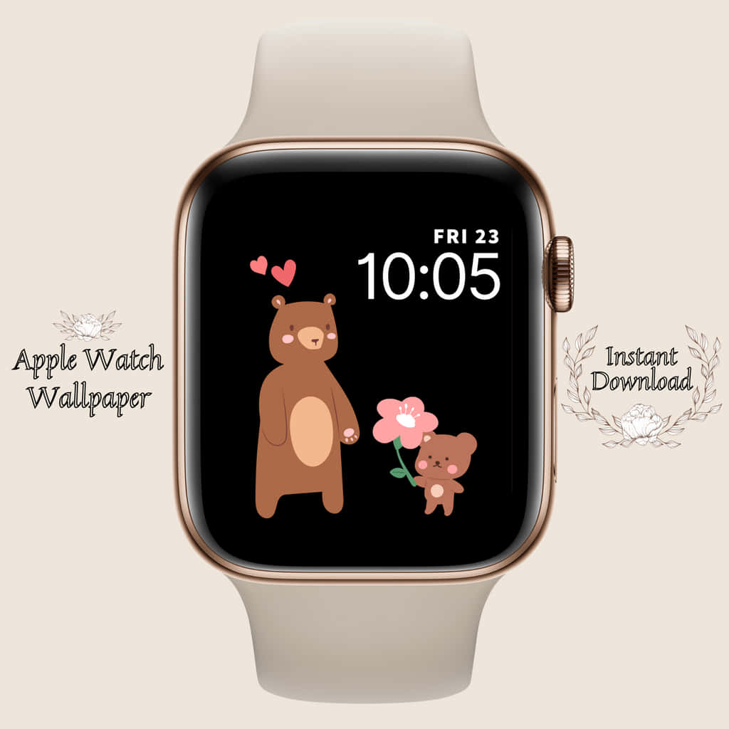 一個有兩隻卡通熊的錶面，其中一隻正在送花給另一隻。 — Apple Watch 動態 壁紙