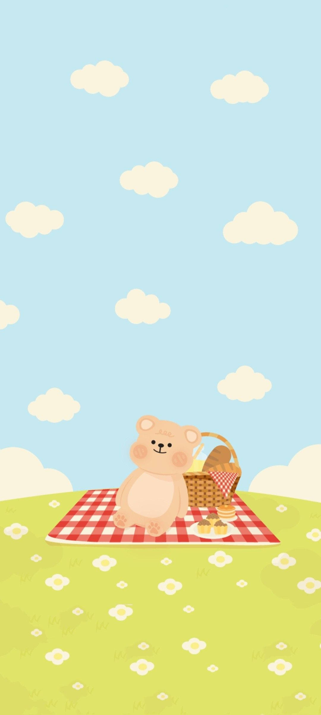 Cute Cartoon Bear 桌布 壁紙 — 一隻可愛的卡通熊在柔和的藍天白雲下，於紅色格子毯上享受野餐。