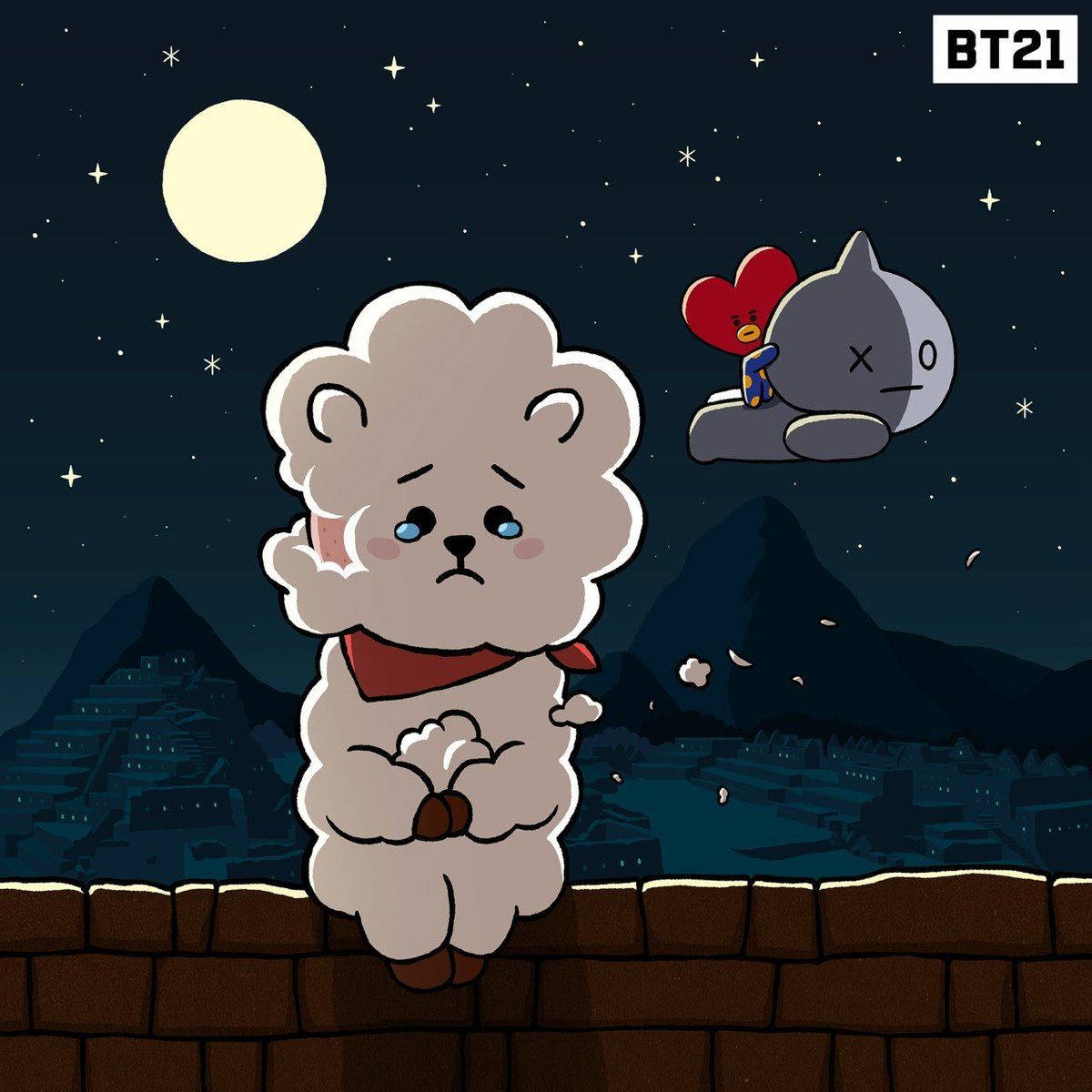 rj bt21 桌布 壁紙 — 一隻可愛的卡通熊戴著紅色圍巾坐在石牆上，滿月下，一隻灰色貓咪拿著心形漂浮在古老廢墟上方。