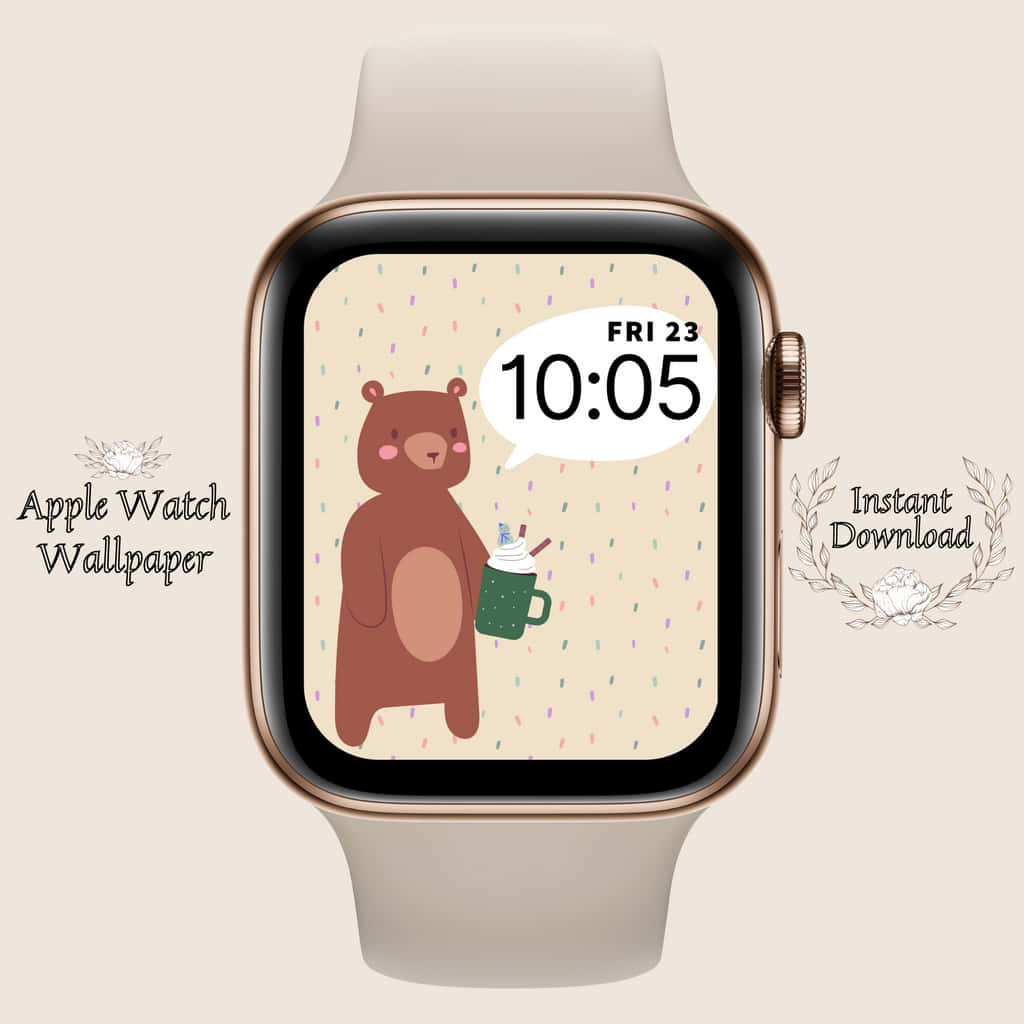 一隻卡通熊在Apple Watch螢幕上拿著杯子，顯示時間和日期。 — Apple Watch 動態 壁紙