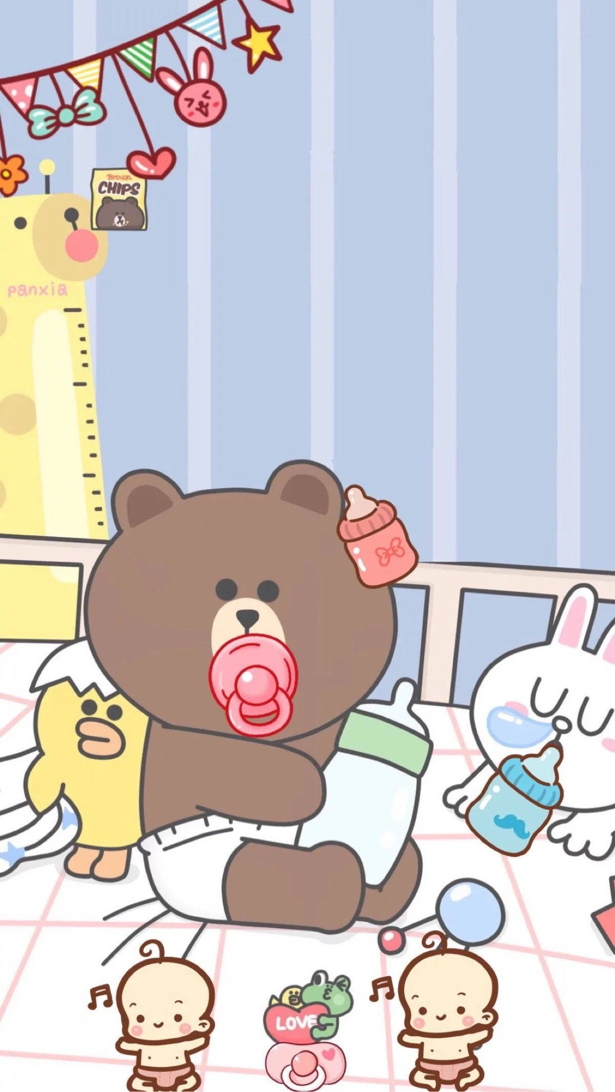 Line 桌布 壁紙 — 一隻可愛的卡通熊穿著尿布，拿著奶瓶，周圍是嬰兒主題的角色和裝飾，在一個有趣的育兒室裡。