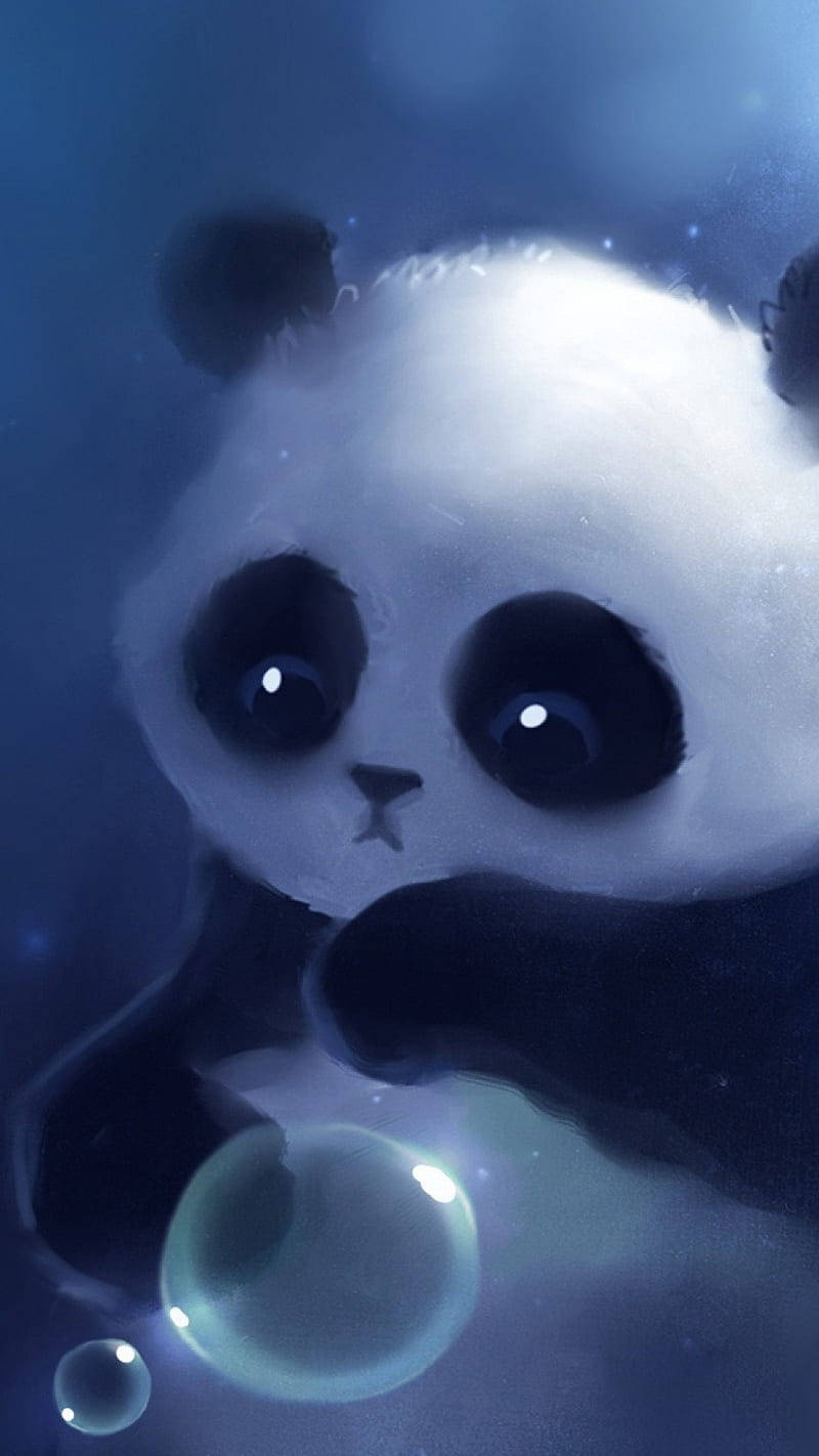 Cute Sad 桌布 壁紙 — 一隻可愛的卡通熊貓，大眼睛，在夢幻的藍色背景上拿著一個發光的泡泡。
