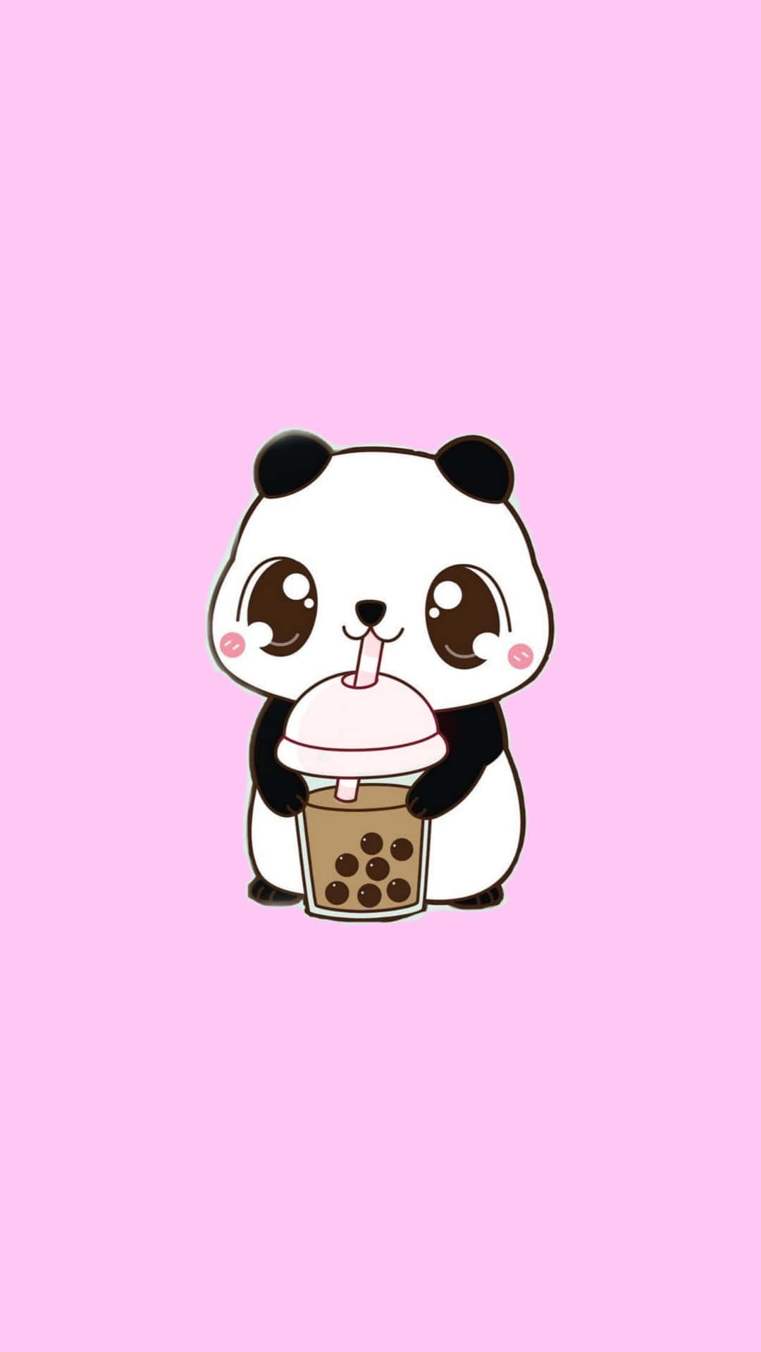 一隻卡通熊貓在粉紅色背景上拿著並喝著珍珠奶茶。 — 直式 GIF 壁紙