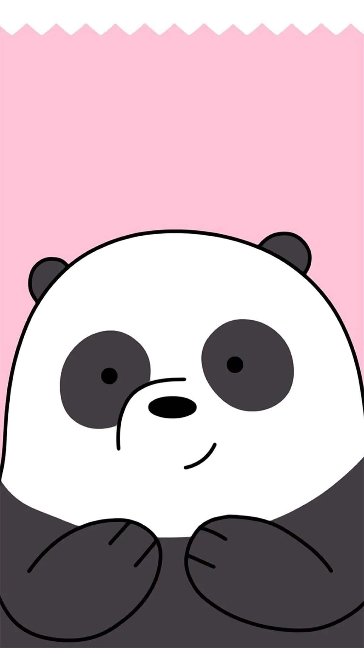 熊貓 桌布 壁紙 — 一隻可愛的卡通熊貓，大眼睛帶著微笑，坐在柔和的粉紅色背景前。