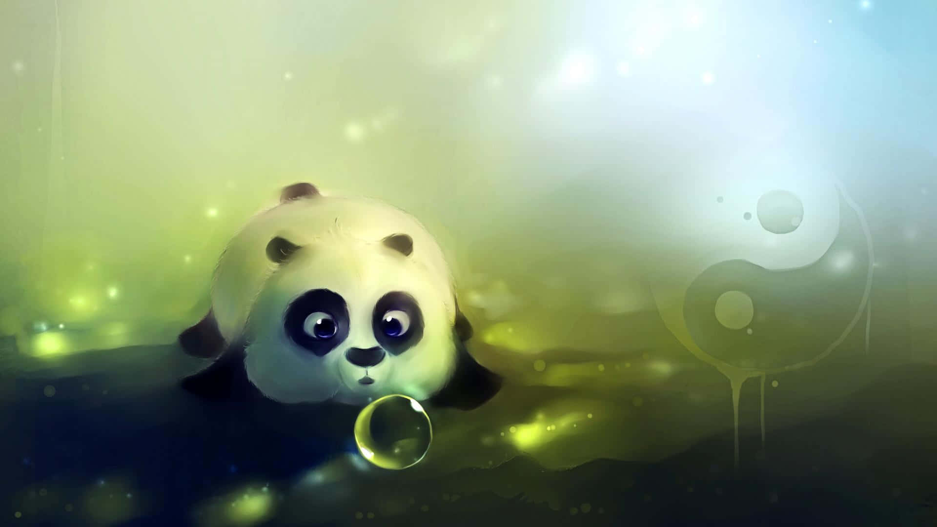 Cute Animated 桌布 壁紙 — 一隻可愛的卡通熊貓，大眼睛從迷霧般的綠光中探出頭來，在陰陽符號附近拿著一個發光的泡泡。