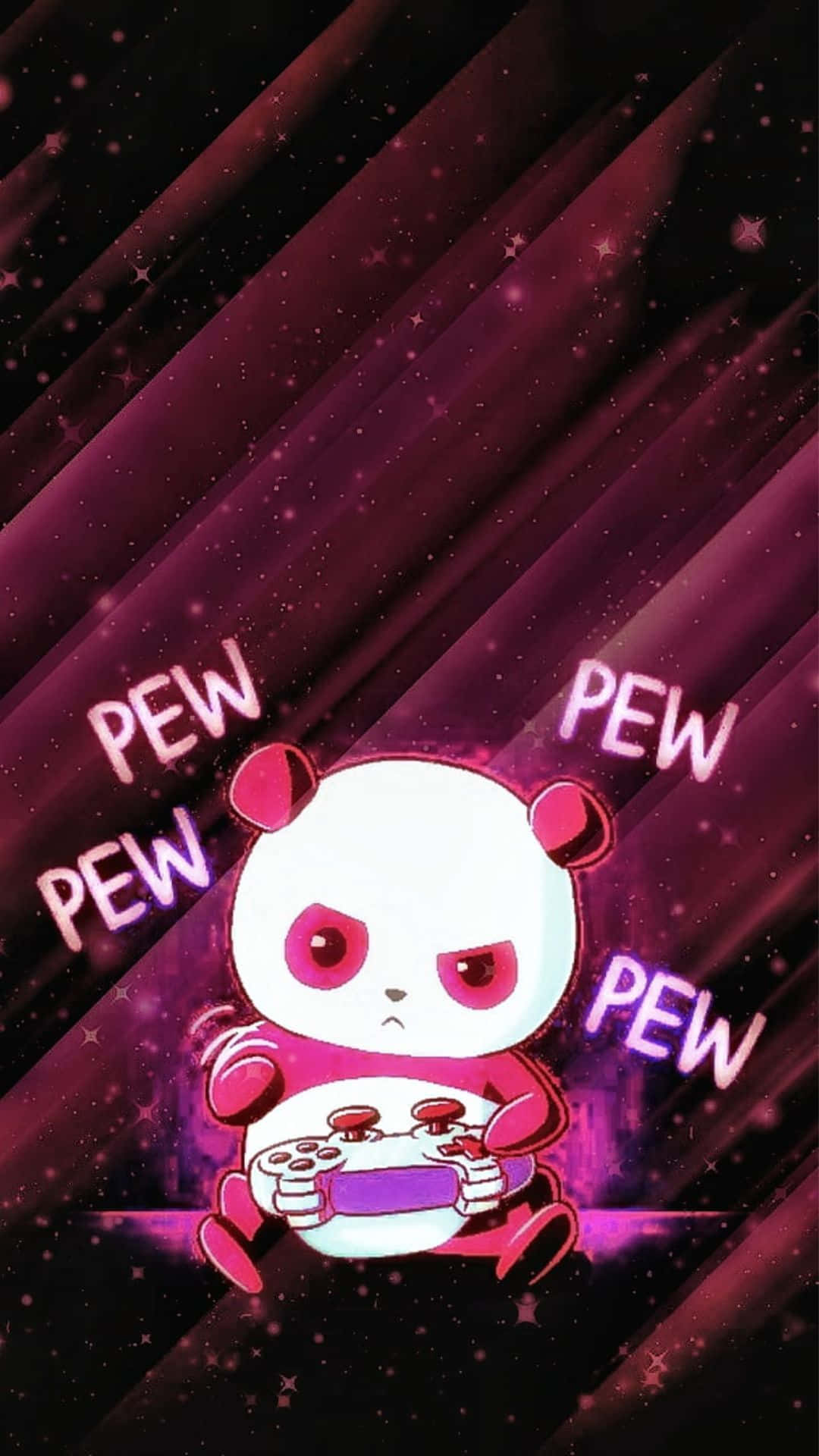 Kawaii Gaming 桌布 壁紙 — 一隻可愛的卡通熊貓，帶著憤怒的眼神，在發光的紫色條紋和「PEW PEW」文字中，手持遊戲控制器，背景是星光燦爛的宇宙。