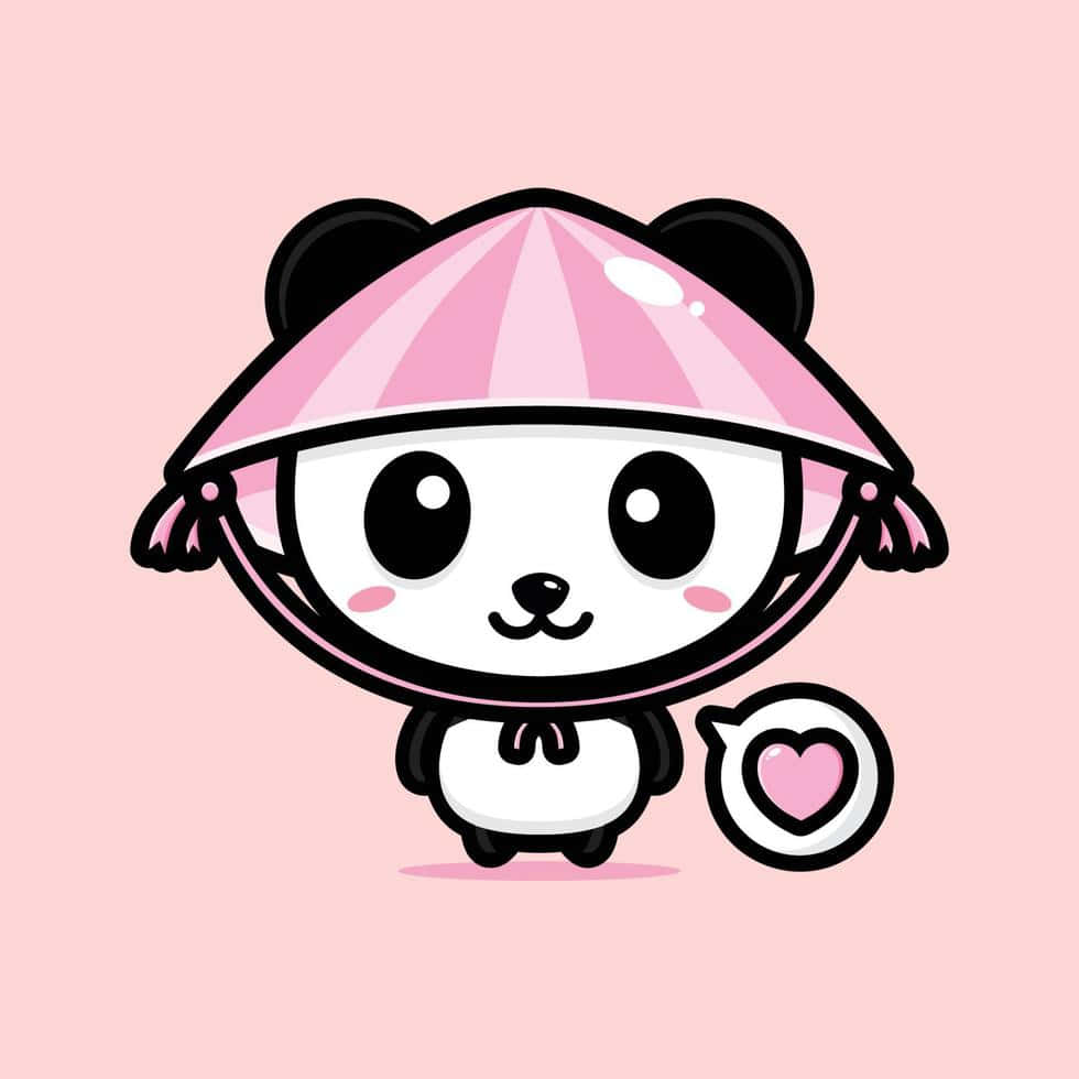 Cute Panda 桌布 壁紙 — 一隻可愛的卡通熊貓，戴著粉紅色圓錐形帽子，在柔和的粉紅色背景上拿著一個心形對話氣泡。