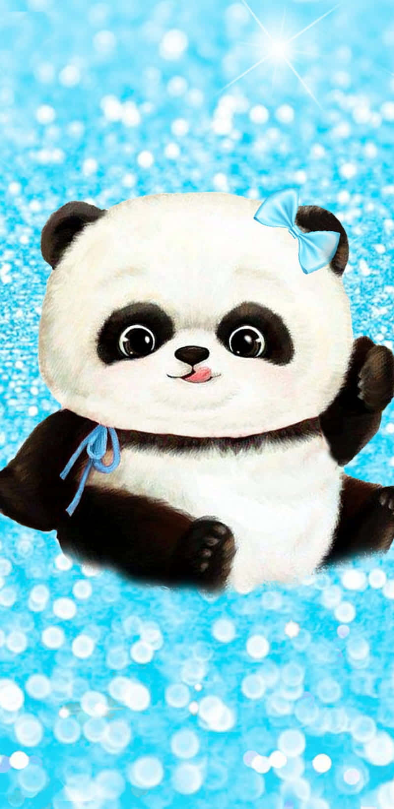 Cute Panda 桌布 壁紙 — 一隻可愛的卡通熊貓，戴著藍色蝴蝶結，在閃閃發光的藍色亮粉背景前開心地揮手。