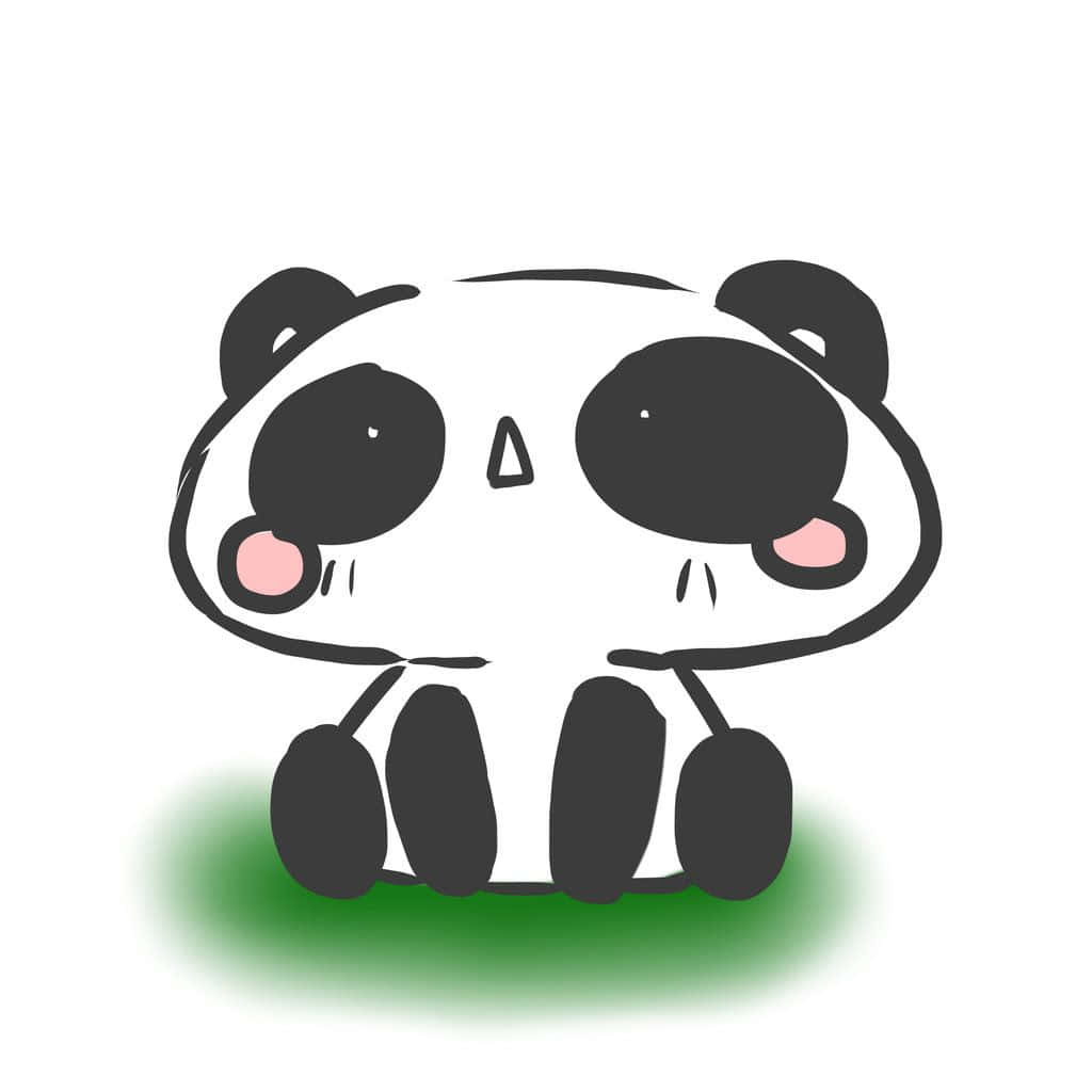 Q版動圖 桌布 壁紙 — 一隻可愛的卡通熊貓，有大眼睛和粉紅色臉頰，坐在白色背景上的綠色草地上。