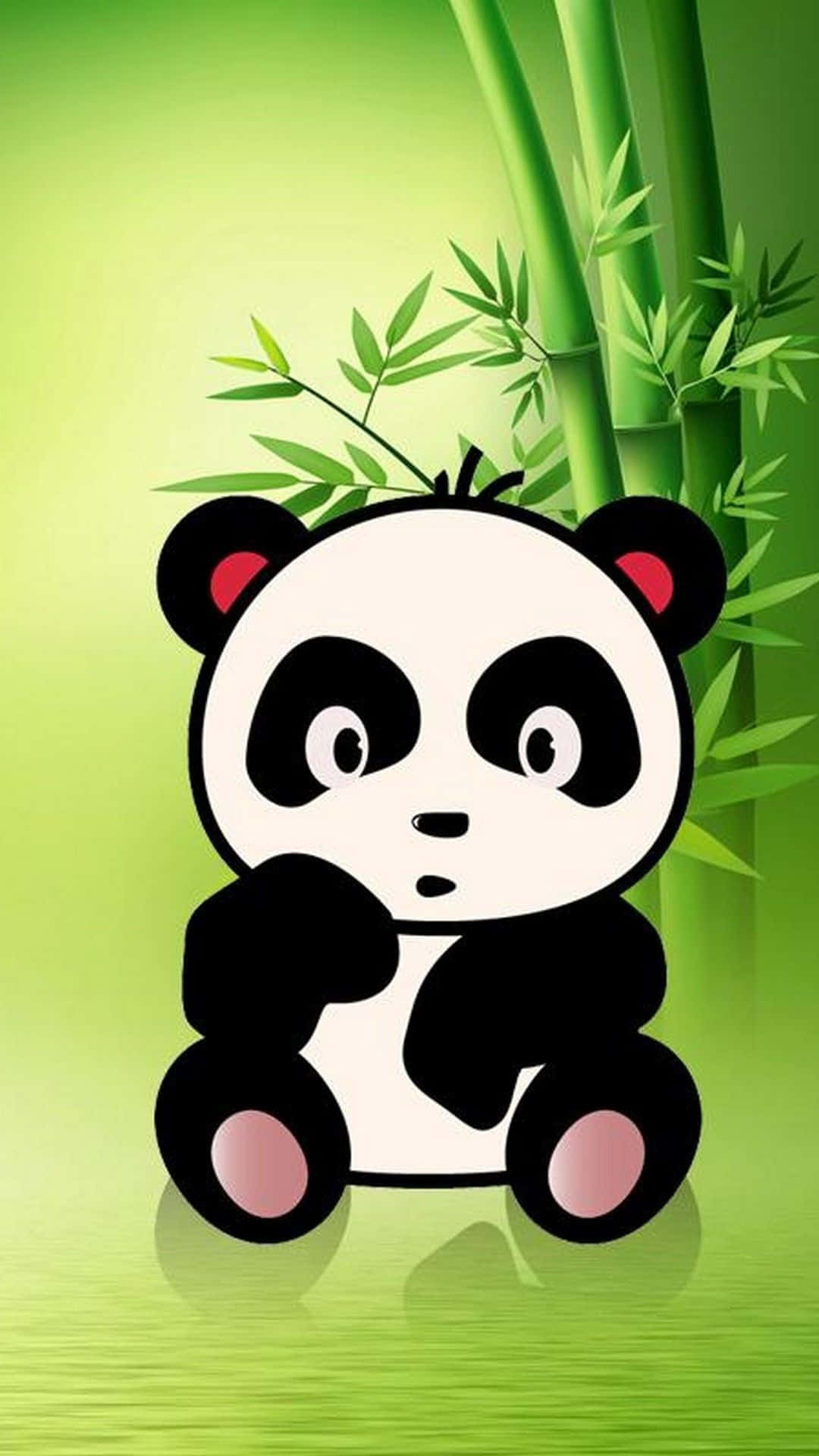 熊貓 桌布 壁紙 — 一隻可愛的卡通熊貓，粉紅色腳掌，坐在綠色漸變背景前的綠色竹莖前。