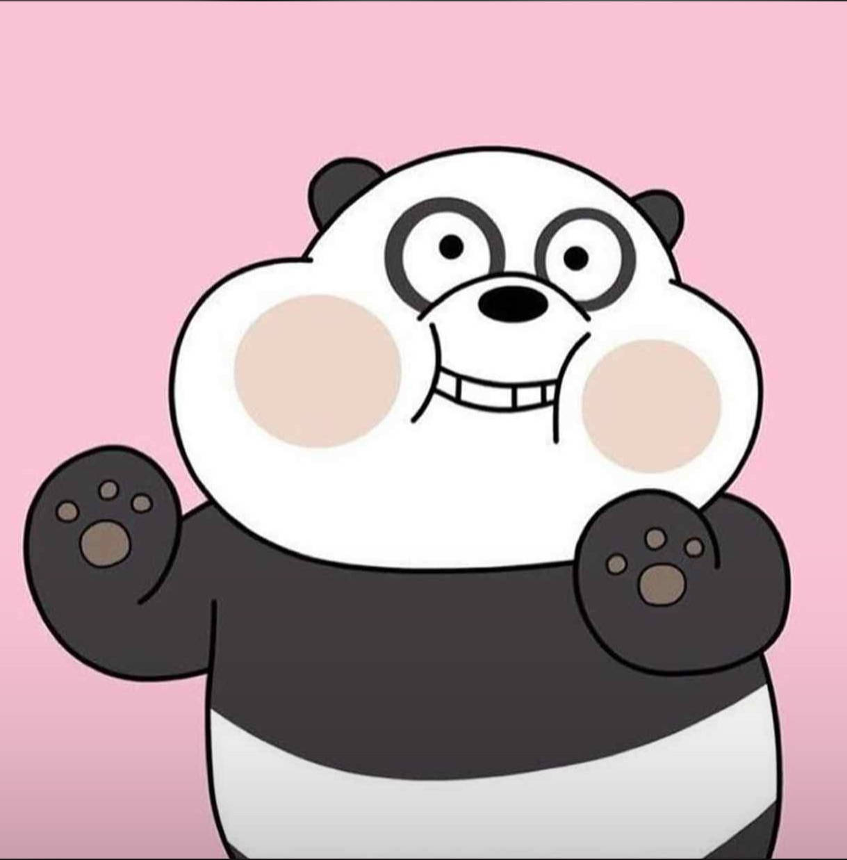 Cartoon 桌布 壁紙 — 一隻可愛的卡通熊貓，臉頰紅潤，咧嘴大笑，在柔和的粉紅色背景上開心地揮手。